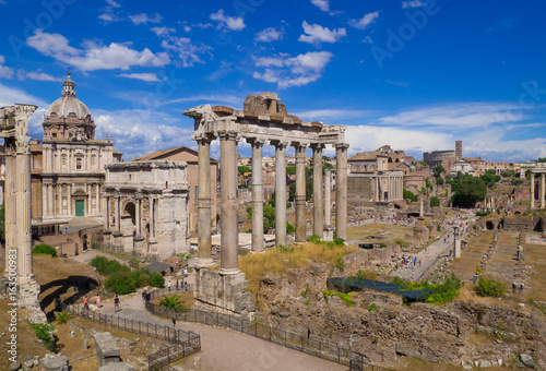 ROME, ITALY - The archeological ruins with Colosseum in historic center of Rome, named Imperial Fora.