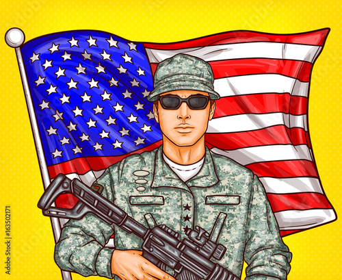 Vector pop art patriotic illustration a male soldier with arms in hands against a fluttering American flag. It can be used for Independence Day, Memorial Day, Armed Forces Day and Flag Day