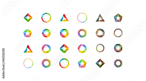 Big set of minimal geometric multicolor symbol set shapes. Trendy icons and logotypes. Business signs symbols, labels, badges, frames and borders