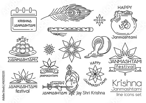 Happy Krishna Janmashtami. Line icons set. Indian festival of janmashtami celebration. Vector illustration