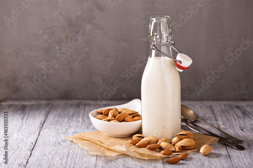Homemade almond milk in a bottle