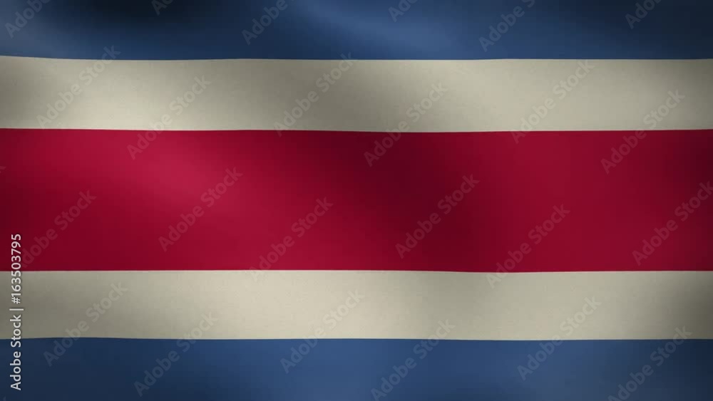 Close-up flag of Costa Rica ripples in a breeze. Costa Rica Flag waving in slow motion with highly detailed loop,Creased fabric textured Costa Rican flag with visible wrinkles and seam Close-up flag of Costa Rica ripples in a breeze. Costa Rica Flag waving in slow motion with highly detailed loop,Creased fabric textured Costa Rican flag with visible wrinkles and seam