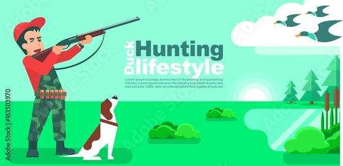 Hunter man with dog aiming or hunting in a duck hunt flat vector design