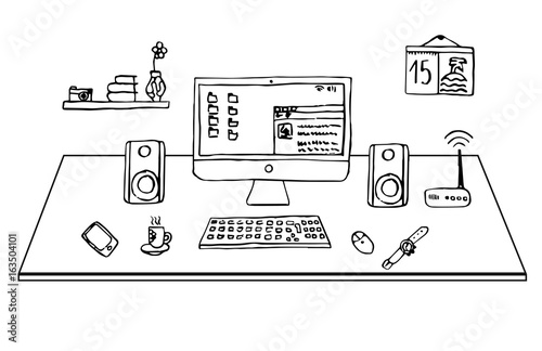 Flat design office desk, freehand drawing, vector, illustration.