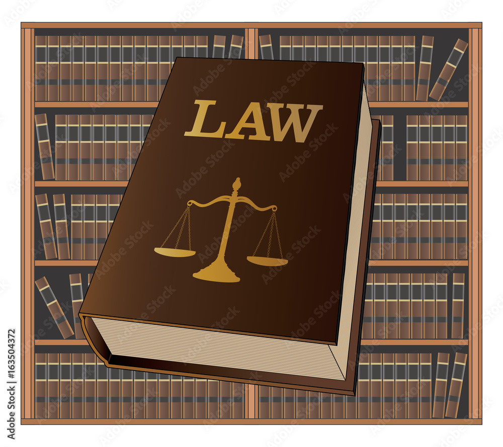 Law Library is an illustration of a law book used by lawyers and judges  with a background of bookshelves filled with library books. Represents legal  matters and legal proceedings. Stock Vector |