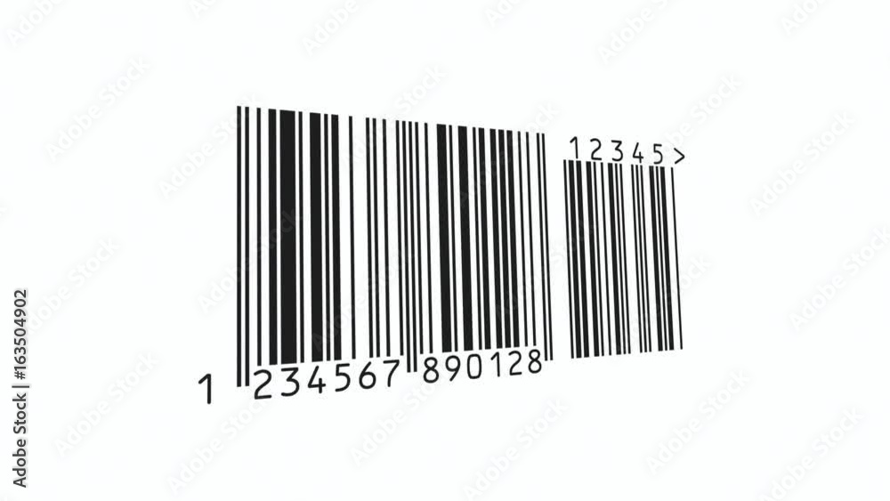 Scanning a barcode with a reader. Red scanline and green confirmation dot when the stripes are decoded. Square and round font, close-up shot.

