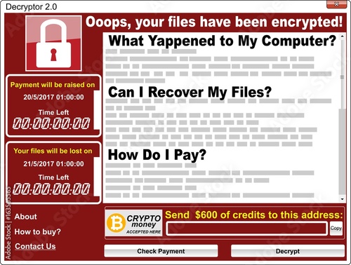 Computer virus ransom ware malware threat red window on screen