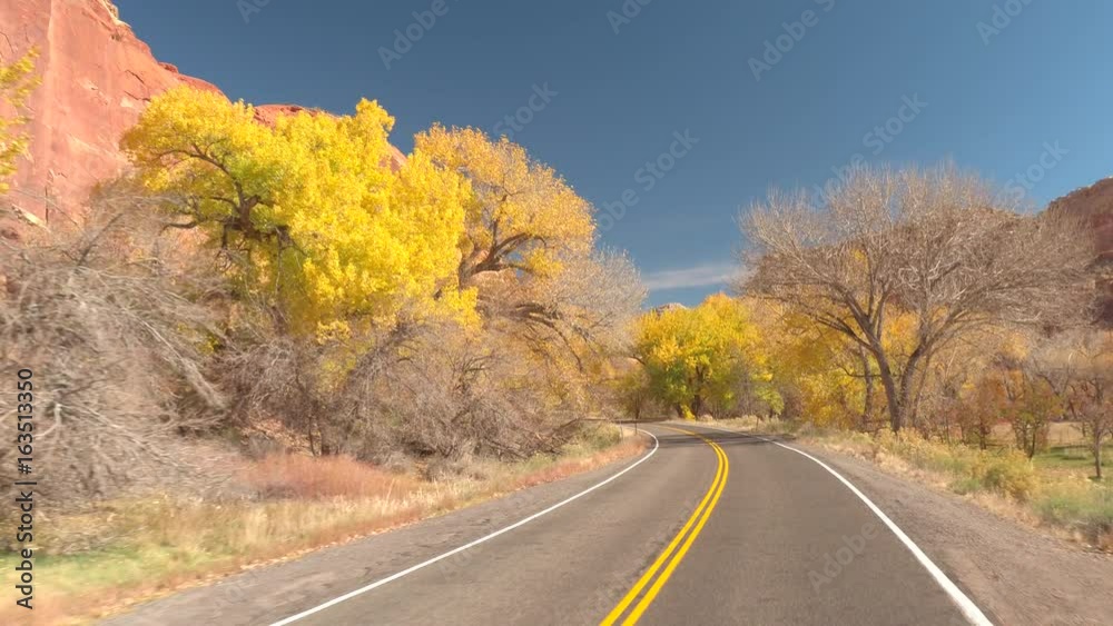 FPV: Driving along the empty road trough stunning red rocky canyon past bright yellow trees on sunny autumn day. Beautiful scenery of red rock mountain cliffs and turning leaves trees in Capitol Reef FPV: Driving along the empty road trough stunning red rocky canyon past bright yellow trees on sunny autumn day. Beautiful scenery of red rock mountain cliffs and turning leaves trees in Capitol Reef