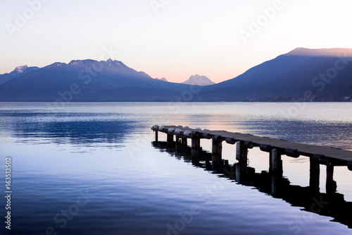 Magnificent view of Lake Annecy at sunset on the mountain