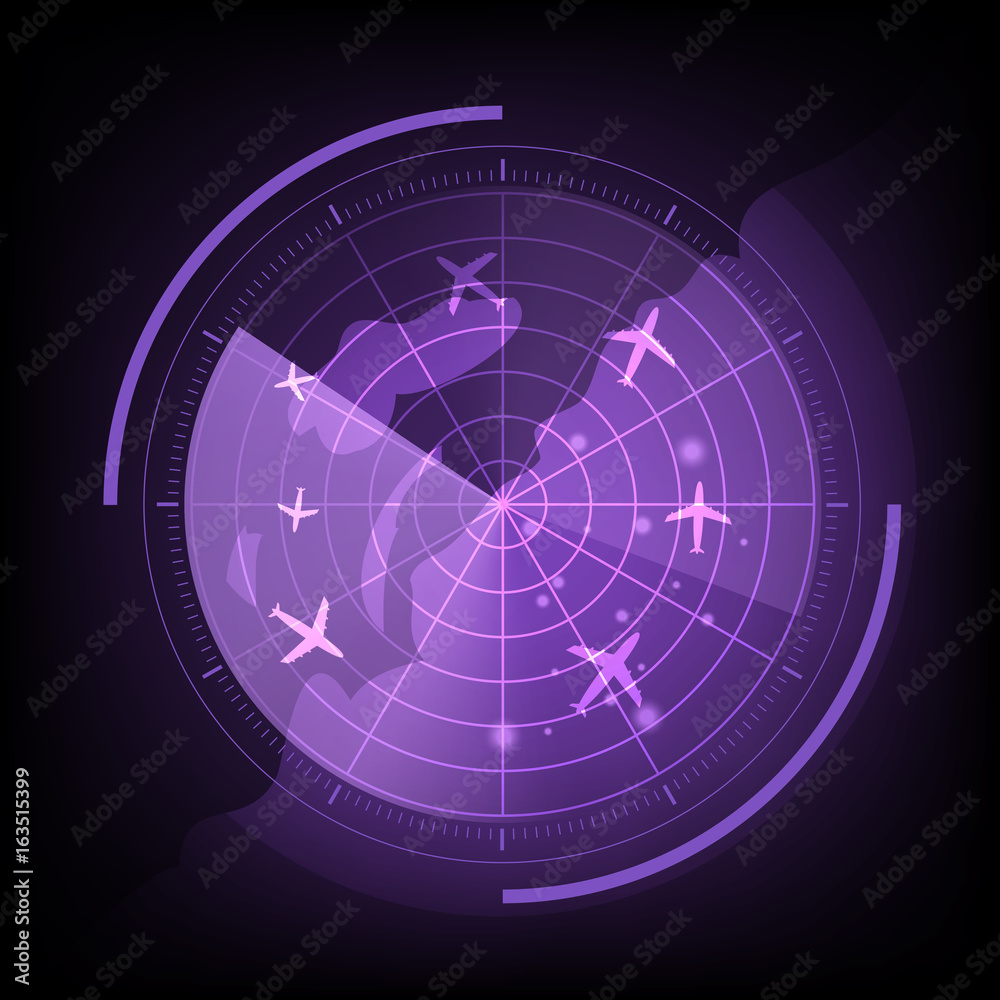 Purple radar screen with airplane and map Purple radar screen with airplane and map