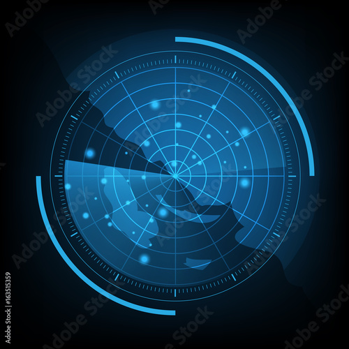 Blue radar screen with map photo