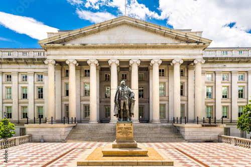 The Treasury Building in Washington D.C. This public building is a National Historic Landmark and the headquarters of the US Department of the Treasury photo