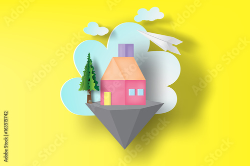 Paper art of home sweet on floating islands,vector