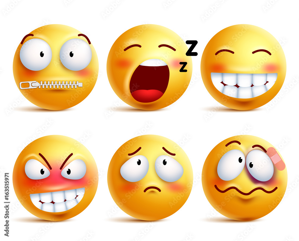 Smileys vector set. Yellow smiley face or emoticons with facial expressions and emotions like happy, zipped, sleepy and beaten isolated in white background. Vector illustration.
