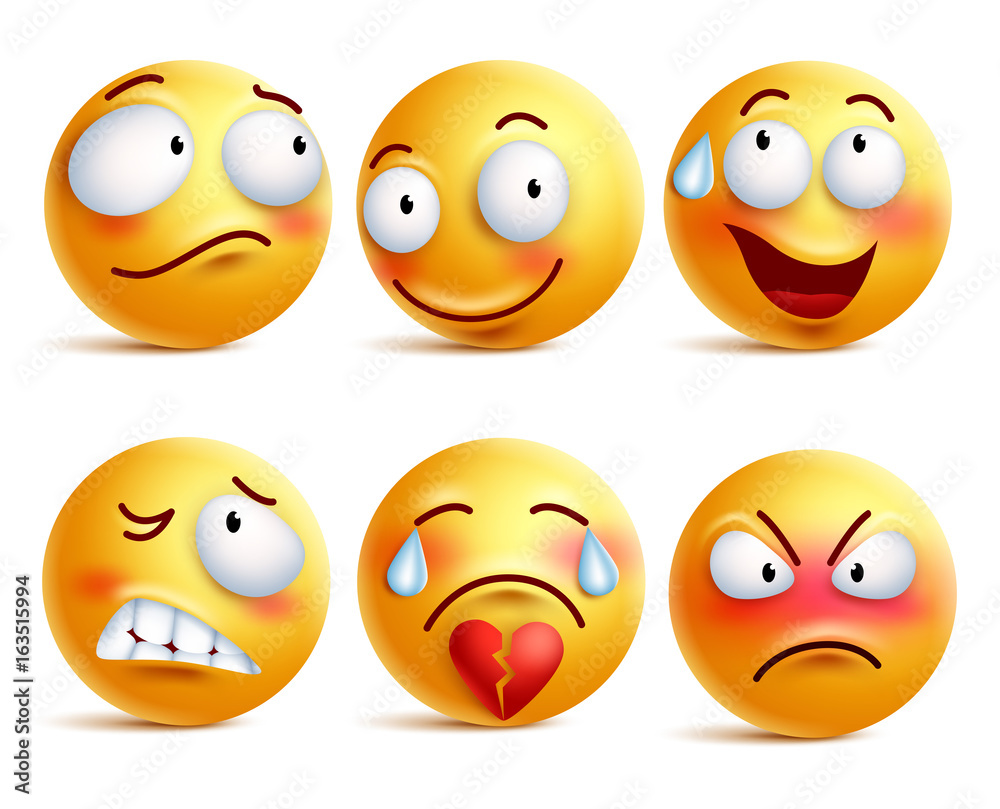Fototapeta premium Smileys vector set. Smiley face or yellow emoticons with facial expressions and emotions like happy, shy, angry and broken heart isolated in white background. Vector illustration. 