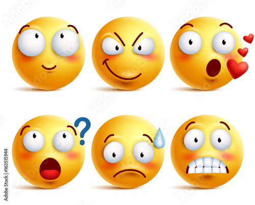 Smileys vector set. Yellow smiley face or emoticons with facial expressions and emotions like happy, in love, and confused isolated in white background. Vector illustration.

