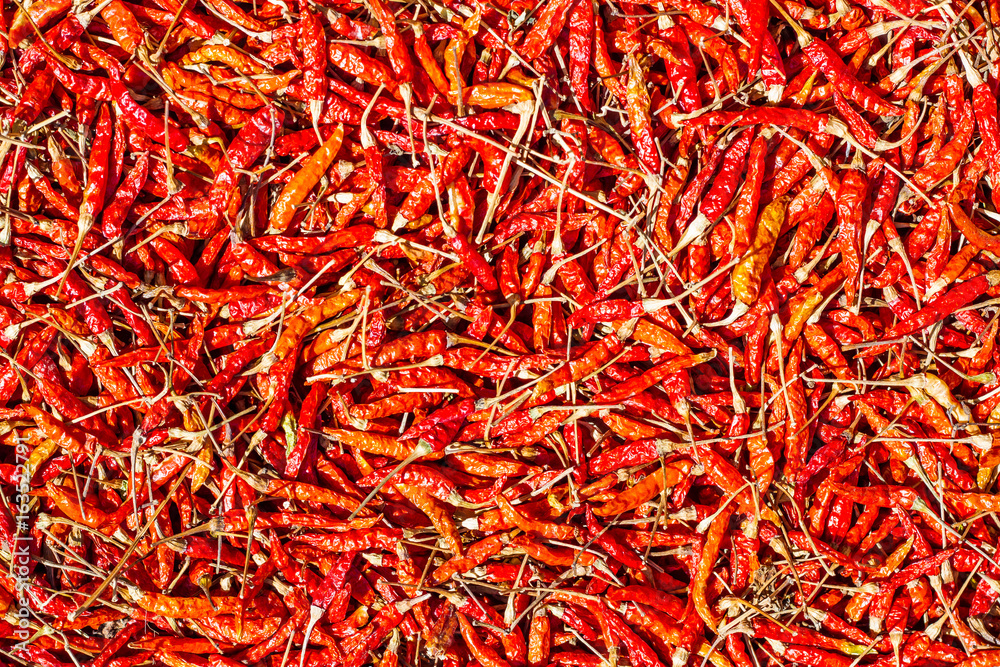 Hot and spicy Red Chilli ,Dried red chili,Pepper,Chillies as background for sale in a local food market,thai food ,close up,texture,spice medicinal properties.