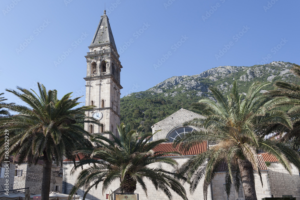 55 meter high bell tower of St. Nicholas Church - the highest on the coast of Kotor Bay