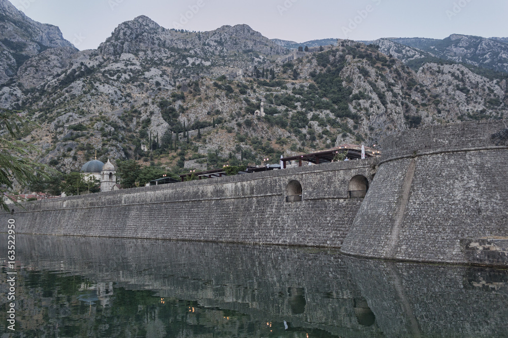 Fortress in Kotor at the river in the evening