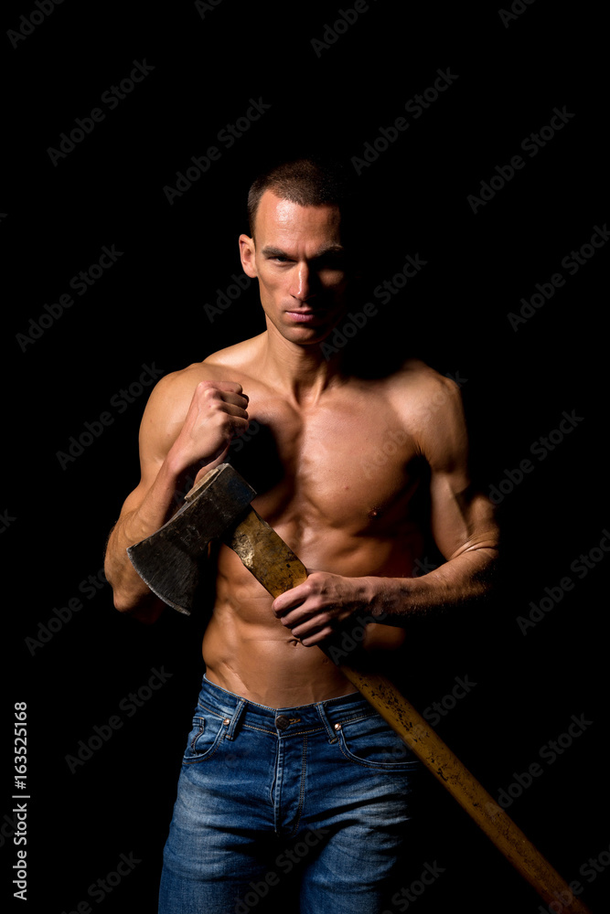 fitness muscular male model with axe