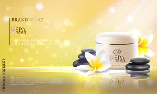 Vector illustration of a realistic style, set for spa treatments with SPA essense jar template, on the background of sun light. Excellent delicate yellow advertising poster for the spa salon.