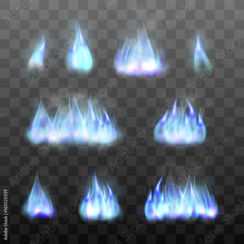 Set effects of blue fire. Realistic flame of gas. Mystic fiery effects. Collection of blazing bonfires graphic design element. Vector illustration of fire isolated on black transparent background