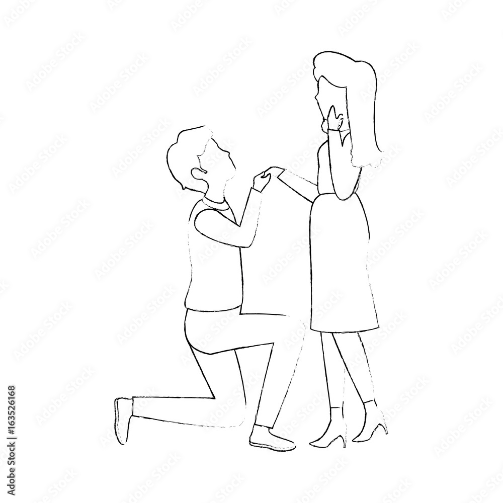 Couple of lovers in proposal of marriage icon over white background vector illustration Couple of lovers in proposal of marriage icon over white background vector illustration