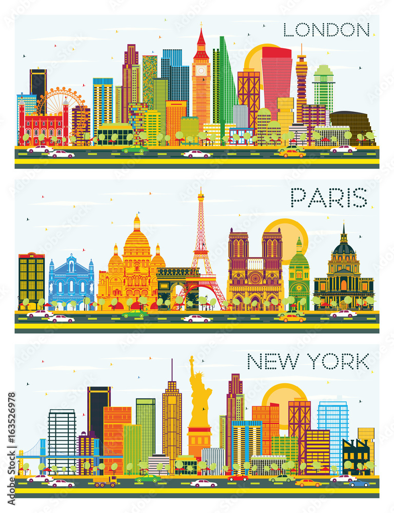 London, Paris, New York Skyline with Color Buildings and Blue Sky.
