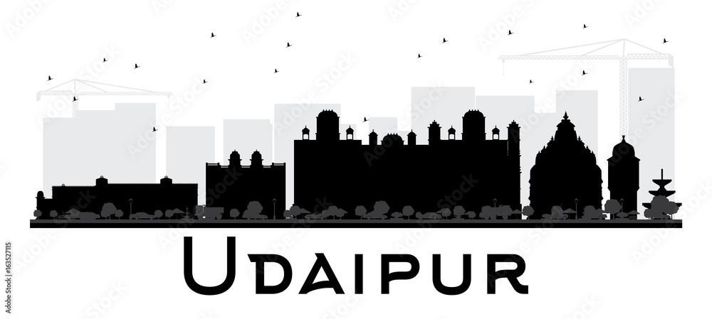 Udaipur City skyline black and white silhouette.