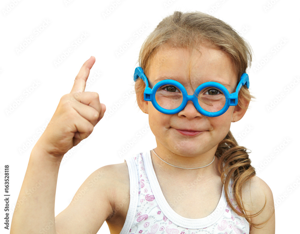 Little girl in spectacles on white background. Emotion