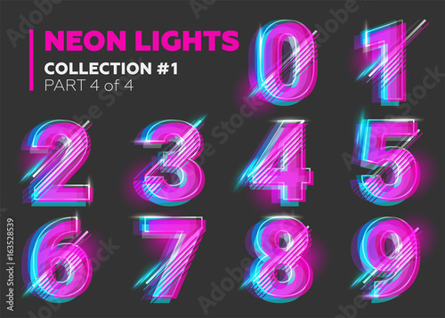 Vector Neon Character Typeset. Glowing Letters on Dark Background.