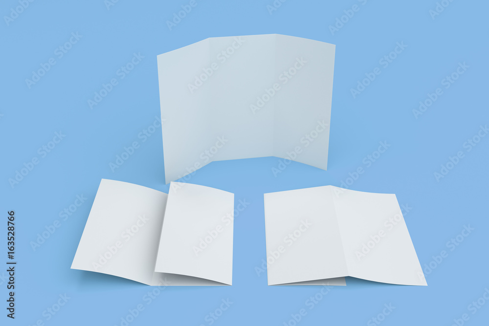 Blank white three fold brochure mockup on blue background Blank white three fold brochure mockup on blue background