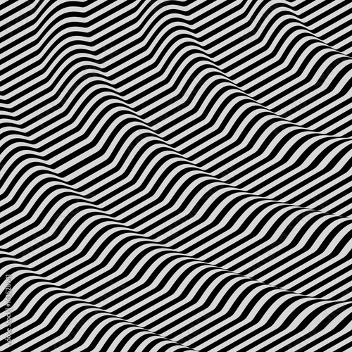 3D wavy background. Dynamic effect. Black and white design. Pattern with optical illusion. Vector illustration.