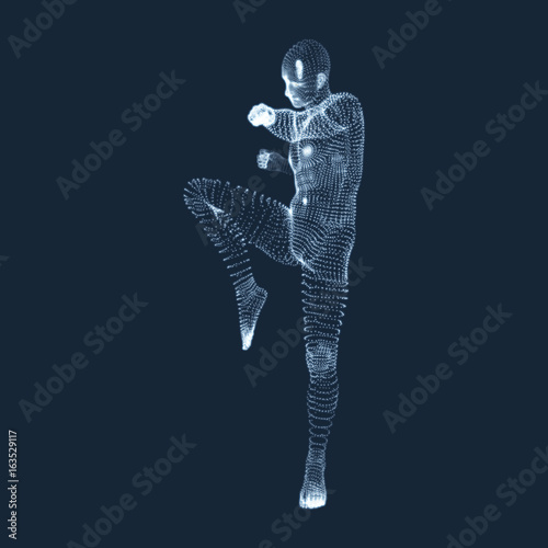 Kickbox Fighter Preparing to Execute a High Kick. Fitness, Sport, Training and Martial Arts Concept. 3D Model of Man. Human Body. Design Element. Vector Illustration.