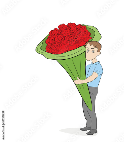 A little man holding a large bouquet of flowers. Hand drawn cartoon vector illustration for design and infographic.