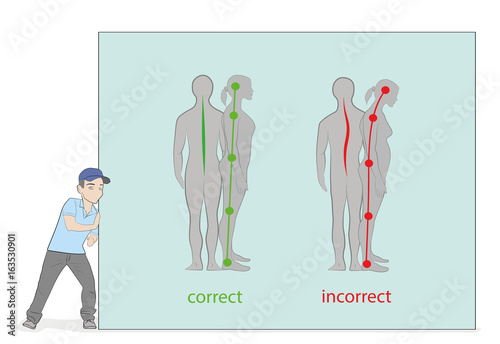 The man pushes the drawing. Correct alignment of human body in standing posture for good personality and healthy of spine and bone. Health care and medical illustration