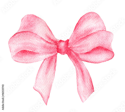 Watercolor pink bow. Hand painted gift bow isolated on white background. Party or greeting object, bow for your creativity photo