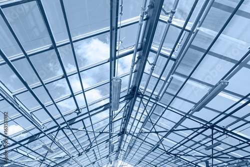 glass ceiling of contemporary greenhouse. steel roof trusses details.