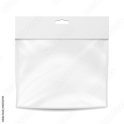 Plastic Pocket Vector Blank. Packing Design. Realistic Mock Up Template Of White Plastic Pocket Bag. Empty Hang Slot. Isolated Illustration