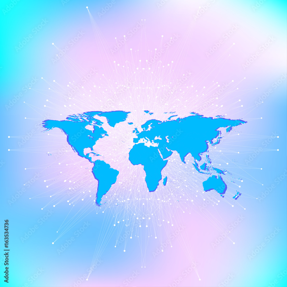 Fototapeta premium Geometric abstract background with connected line and dots. Network and connection background for your presentation. Graphic polygonal background with World Map. Scientific vector illustration.