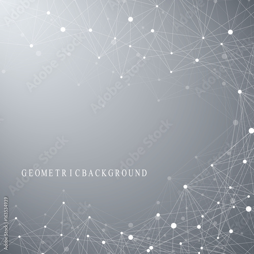 Geometric abstract background with connected line and dots. Network and connection background for your presentation. Graphic polygonal background. Scientific vector illustration.