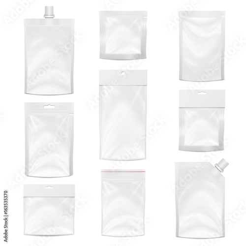 Plastic Pocket Vector Blank. Packing Design. Realistic Mock Up Template Of White Plastic Pocket Bag. Empty Hang Slot. White Clean Doypack Bag Packaging With Corner Spout Lid. Isolated Illustration