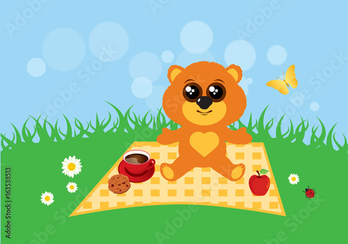 Teddy bear in the meadow vector. Cute teddy bear vector illustration. Teddy bear in summer