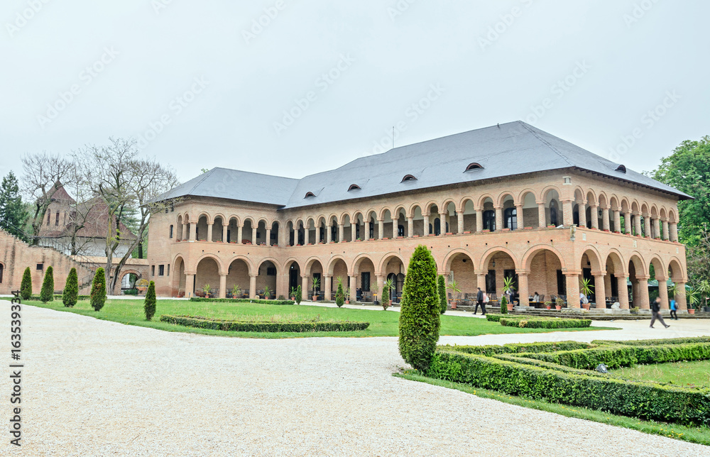 BUCHAREST, ROMANIA - APRIL 30, 2017: The Palace Mogosoaia near Bucharest, Romania, courtyard detail. Build by Constantin Brancoveanu