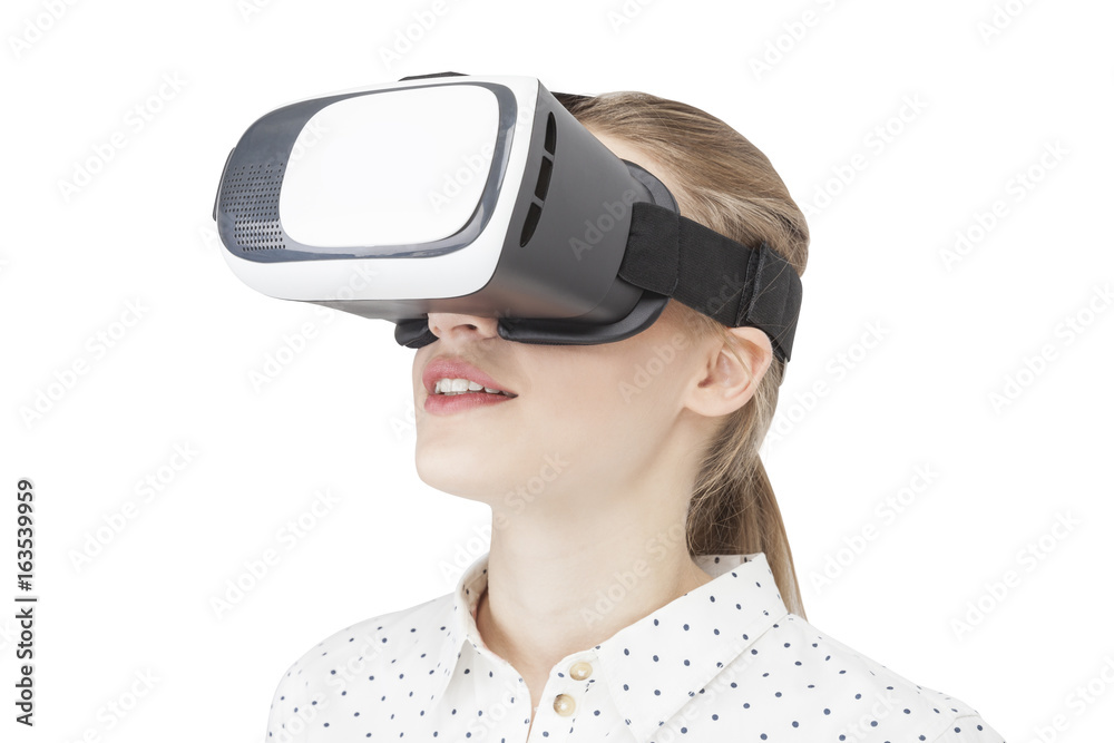 Blonde woman in vr glasses, isolated Blonde woman in vr glasses, isolated