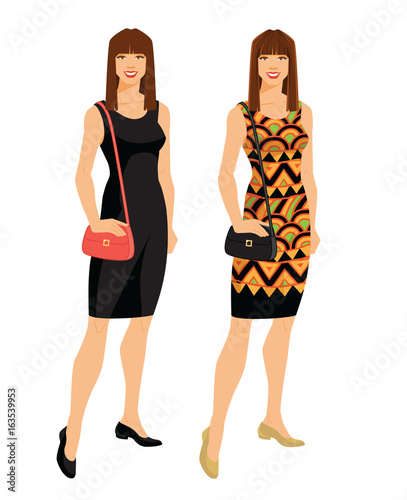 Vector illustration of woman with dark long hair in different dress isolated on white background.