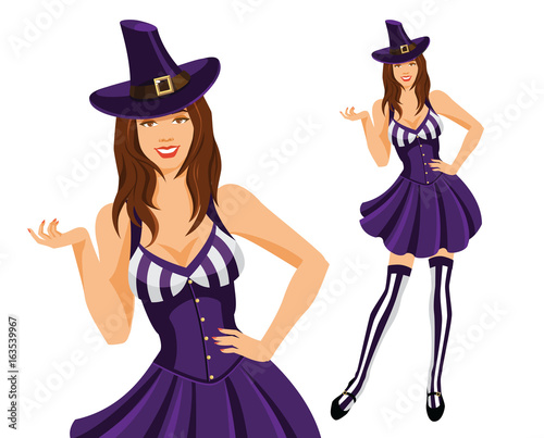 Vector illustration of  women in witch halloween costumes isolated on on white background