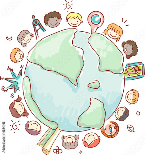 Stickman Kids Heads Geography Earth Illustration