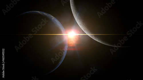 planet Earth and the Moon lit by the Sun
