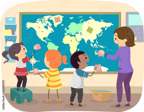 Stickman Kids Teacher World Map Illustration
